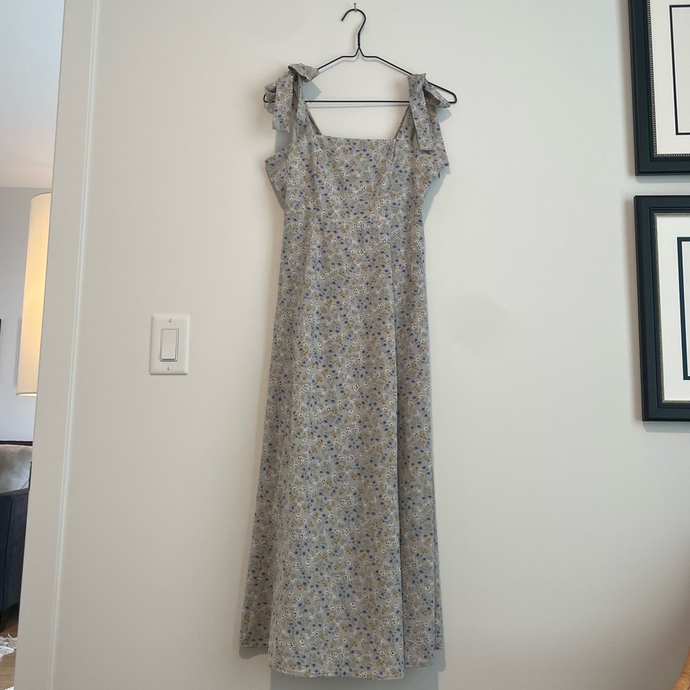 Womance Blue Floral Midi Dress with Adjustable Bow Straps